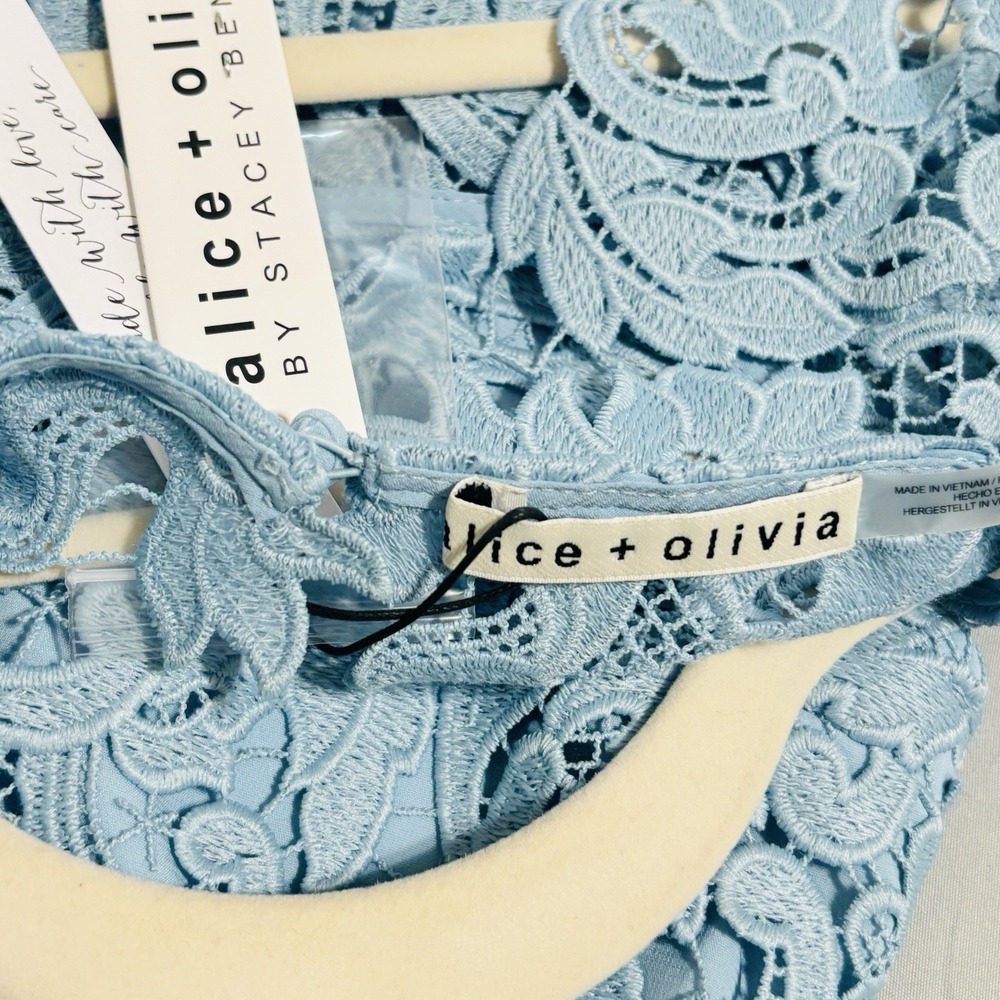 Alice + Olivia Clover Open Back Lace Dress Sz 8 Mineral Blue Ruffle - Picture 14 of 15